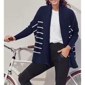 Athleta Striped Peaceful Wrap Open Knit Chunky Cardigan Sweater Navy Blue XXS